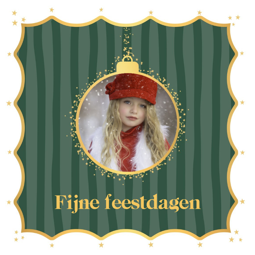 Kerstkaarten - Kerstkaart groene strepen sterren en foto kerstbal
