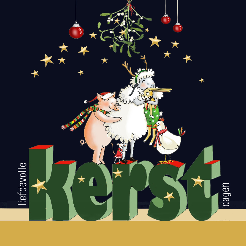 Kerstkaart groep dieren onder de mistletoe - Kerstkaarten Kerstkaarten - Kerstkaart groep dieren onder de mistletoe