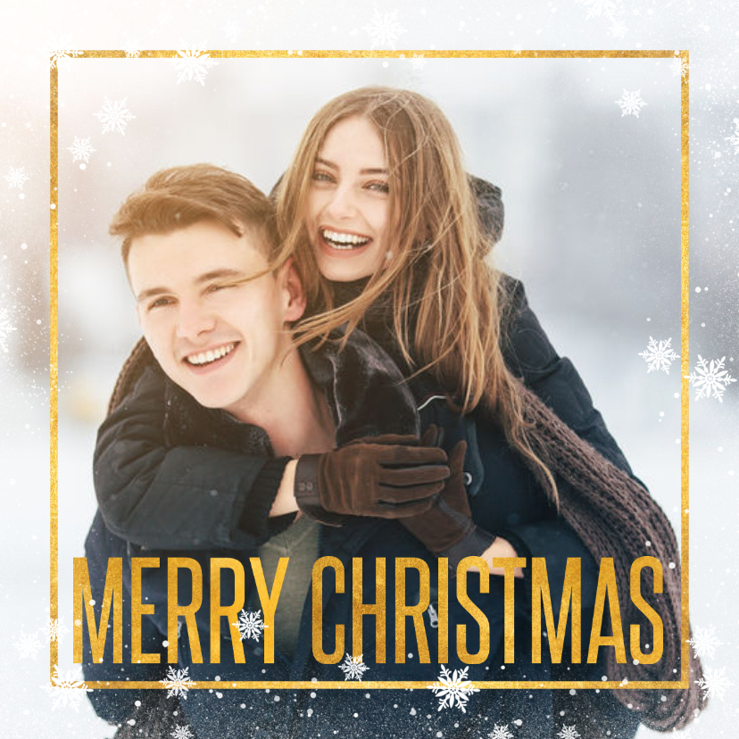 Kerstkaart grote foto met gouden tekst en kader - Kerstkaarten Kerstkaarten - Kerstkaart grote foto met gouden tekst en kader