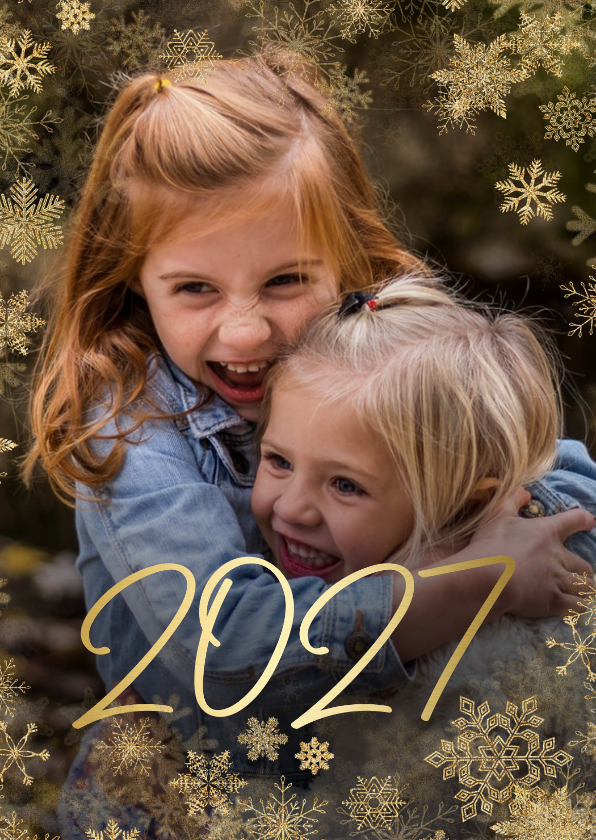 Kerstkaart grote foto met sneeuwkader en gouden 2027 - Kerstkaarten Kerstkaarten - Kerstkaart grote foto met sneeuwkader en gouden 2027