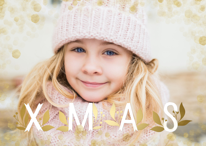 Kerstkaart grote foto XMAS goudlook met confetti - Kerstkaarten Kerstkaarten - Kerstkaart grote foto XMAS goudlook met confetti