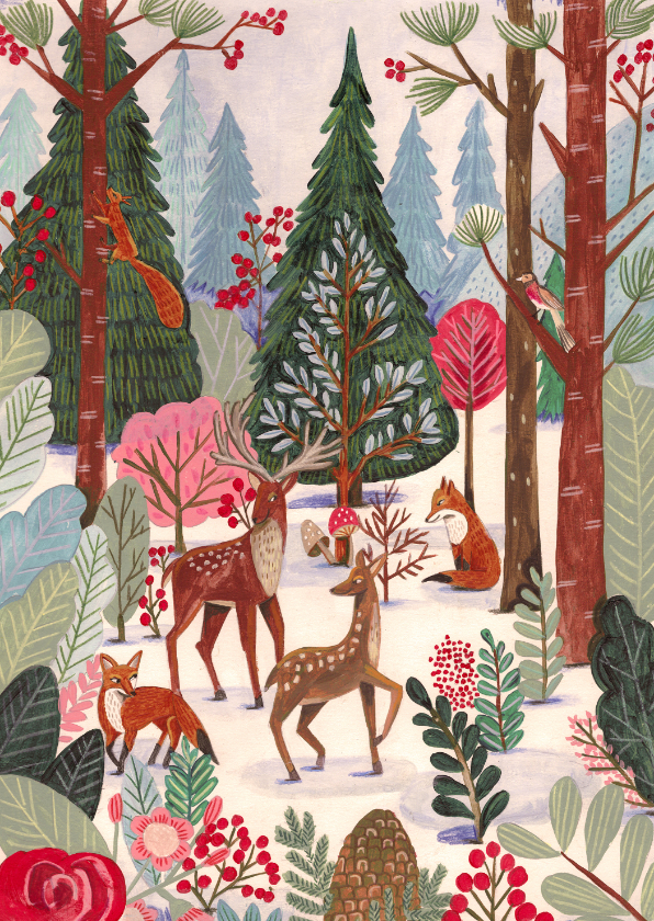 Kerstkaart hert en vos in het bos met sneeuw - Kerstkaarten Kerstkaarten - Kerstkaart hert en vos in het bos met sneeuw