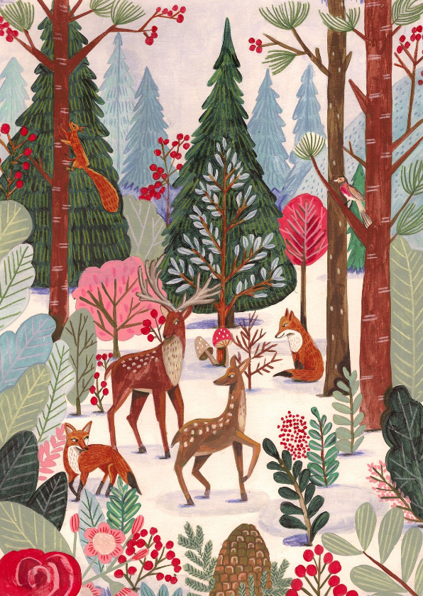 Kerstkaart hert en vos in het bos met sneeuw - Kerstkaarten Kerstkaarten - Kerstkaart hert en vos in het bos met sneeuw