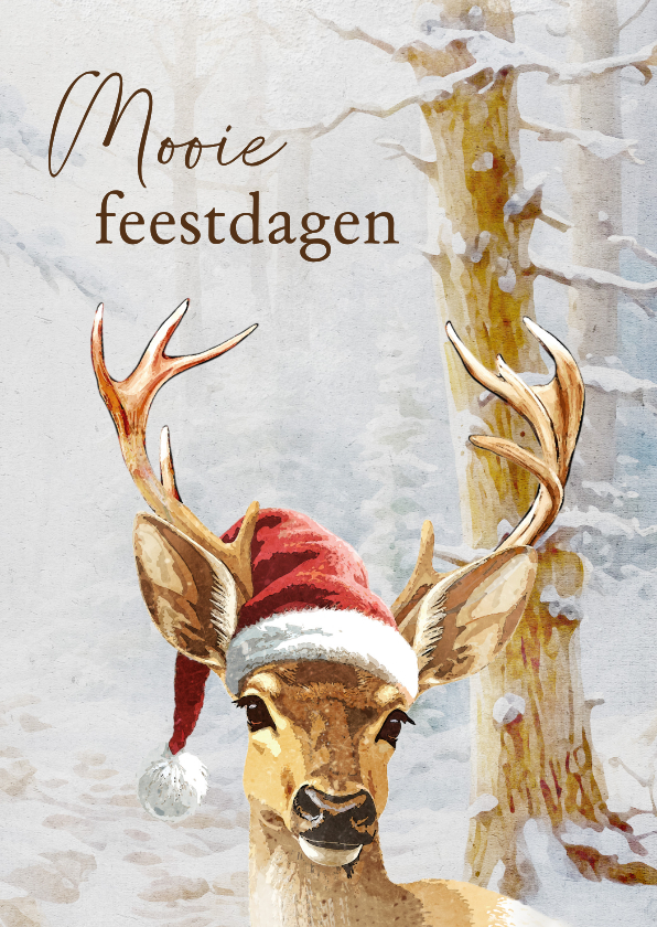 Kerstkaart hert in een besneeuwd bos - Kerstkaarten Kerstkaarten - Kerstkaart hert in een besneeuwd bos