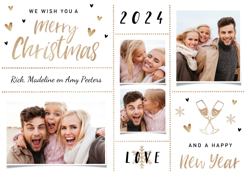 Kerstkaart hip goudlook met fotocollage en hartjes - Kerstkaarten Kerstkaarten - Kerstkaart hip goudlook met fotocollage en hartjes