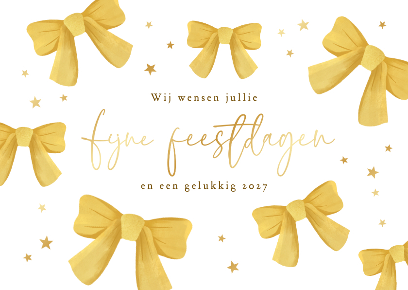 Kerstkaart hip strikjes sterren fijne feestdagen goud - Kerstkaarten Kerstkaarten - Kerstkaart hip strikjes sterren fijne feestdagen goud