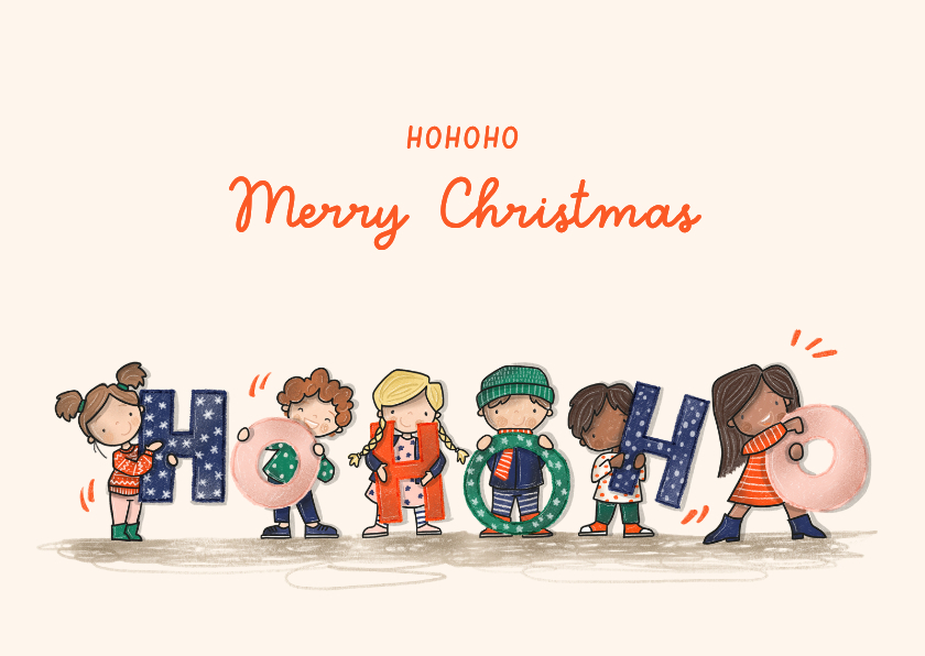 Kerstkaart Hohoho met vrolijke kinderen - Kerstkaarten Kerstkaarten - Kerstkaart Hohoho met vrolijke kinderen