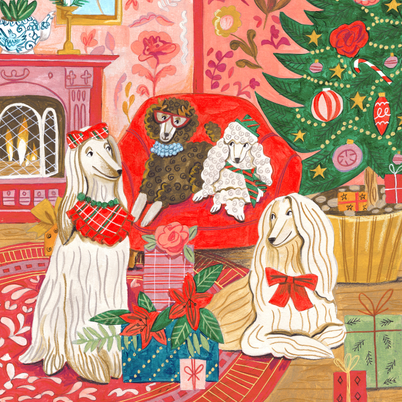 Kerstkaarten - Kerstkaart honden kerst interieur warm illustratie