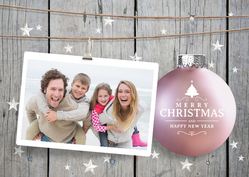 Kerstkaart hout sterren kerstbal - Kerstkaarten Kerstkaarten - Kerstkaart hout sterren kerstbal