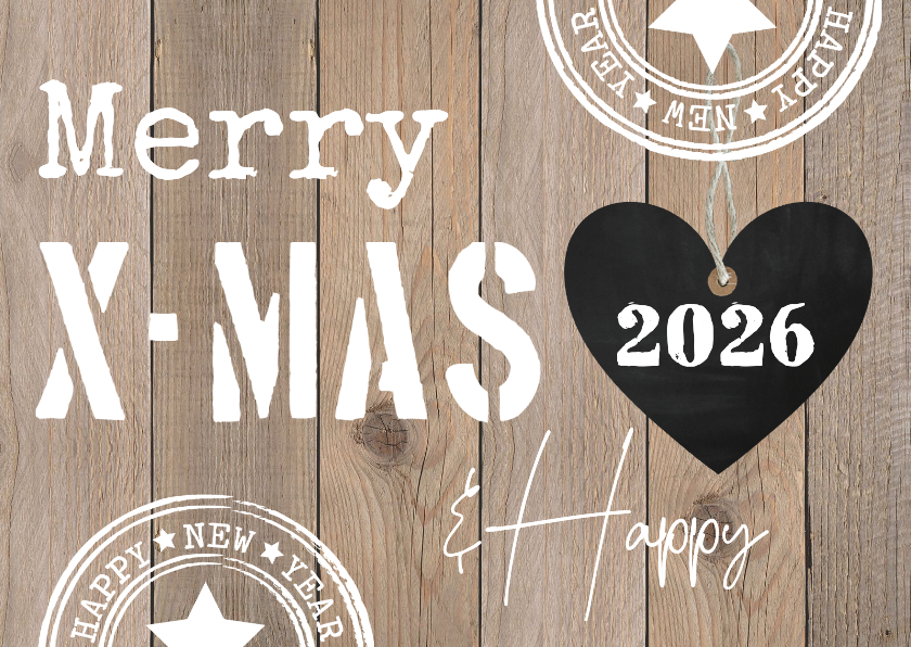 Kerstkaarten - Kerstkaart houtlook hartje typografie 2026