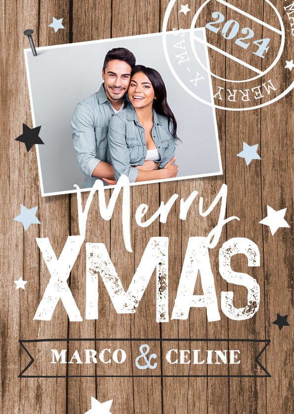 Kerstkaart houtlook typografie foto sterren stempel hout - Kerstkaarten Kerstkaarten - Kerstkaart houtlook typografie foto sterren stempel hout