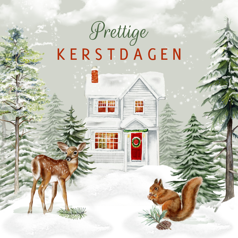 Kerstkaart huisje winterlandschap met hertje en eekhoorn - Kerstkaarten Kerstkaarten - Kerstkaart huisje winterlandschap met hertje en eekhoorn