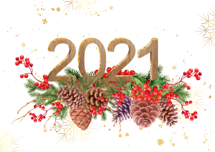 Kerstkaart hulst en dennenappels met 2020 in hout - Kerstkaarten Kerstkaarten - Kerstkaart hulst en dennenappels met 2020 in hout