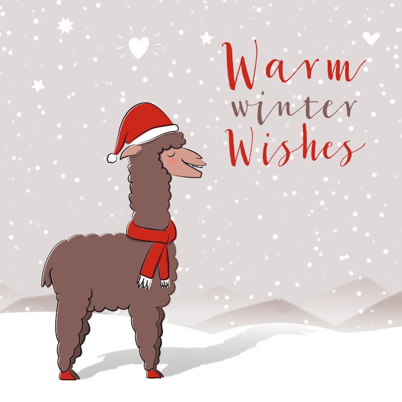 Kerstkaart illustratie alpaca met kerstmuts in de sneeuw - Kerstkaarten Kerstkaarten - Kerstkaart illustratie alpaca met kerstmuts in de sneeuw