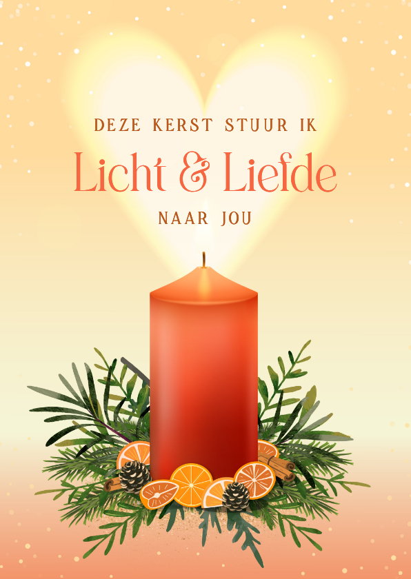 Kerstkaart illustratie brandende kaars met lichtgevend hart - Kerstkaarten Kerstkaarten - Kerstkaart illustratie brandende kaars met lichtgevend hart