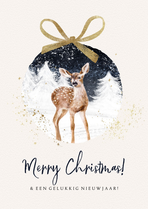 Kerstkaart illustratie hert winterwereld kerstbal strik goud - Kerstkaarten Kerstkaarten - Kerstkaart illustratie hert winterwereld kerstbal strik goud