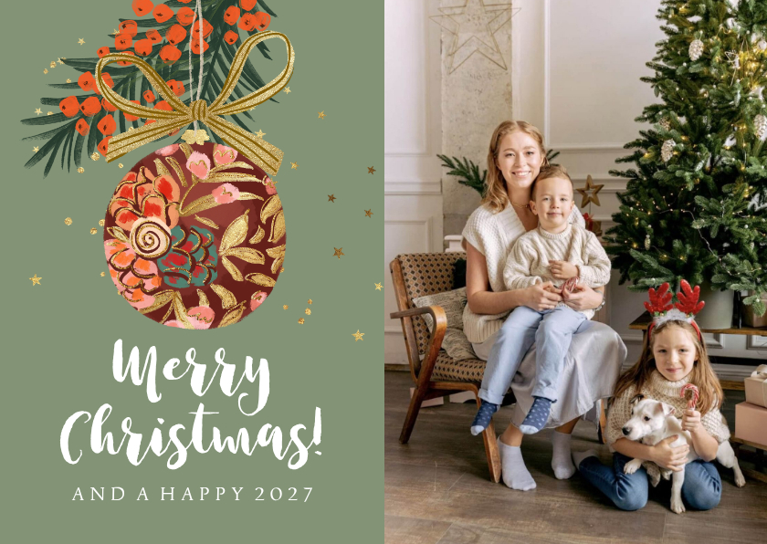 Kerstkaart illustratie kerstbal goud sterren kersttak foto - Kerstkaarten Kerstkaarten - Kerstkaart illustratie kerstbal goud sterren kersttak foto