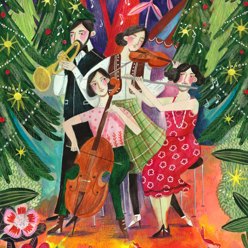 Kerstkaarten - Kerstkaart illustratie muziek in het kerst bos
