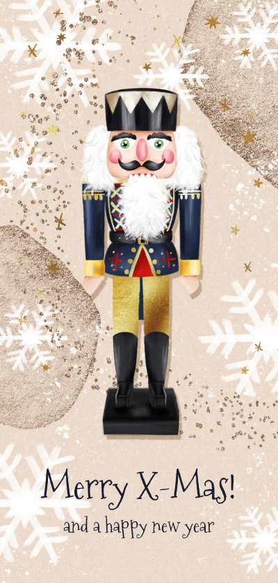 Kerstkaart illustratie notenkraker sterren goudlook kraft - Kerstkaarten Kerstkaarten - Kerstkaart illustratie notenkraker sterren goudlook kraft