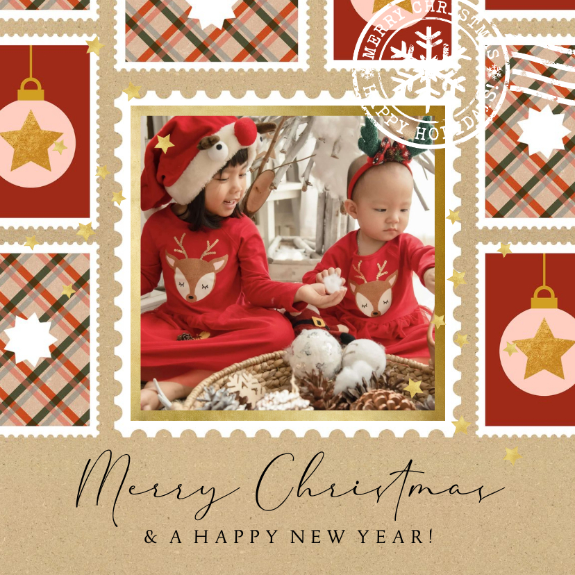 Kerstkaart illustratie postzegels stempel foto sterren goud - Kerstkaarten Kerstkaarten - Kerstkaart illustratie postzegels stempel foto sterren goud