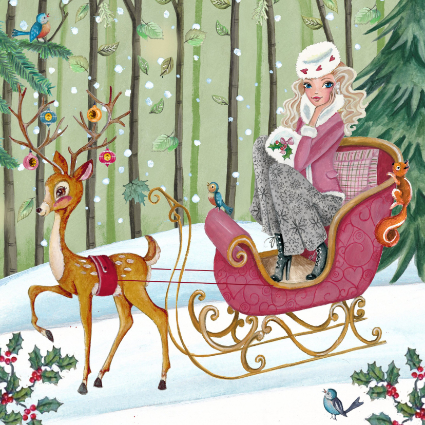 Kerstkaart Illustratie Slee Hert - Kerstkaarten Kerstkaarten - Kerstkaart Illustratie Slee Hert