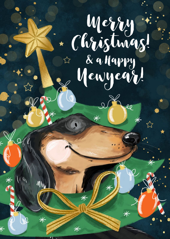 Kerstkaart illustratie teckel verkleed kerstboom ster goud - Kerstkaarten Kerstkaarten - Kerstkaart illustratie teckel verkleed kerstboom ster goud