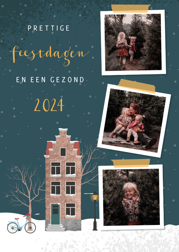 Kerstkaarten - Kerstkaart illustratie van een huisje en drie foto's