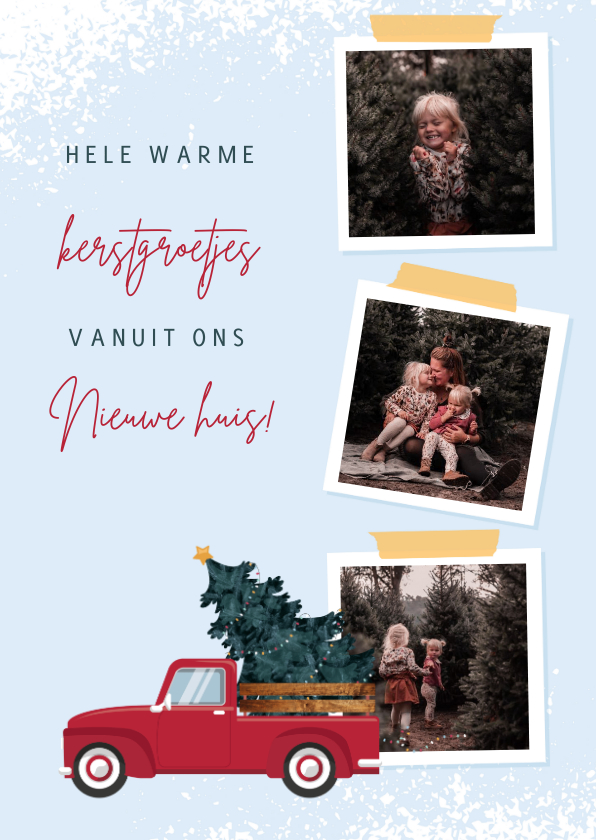 Kerstkaarten - Kerstkaart illustratie van rode pickup en drie foto's