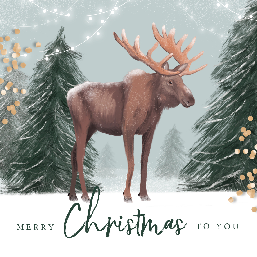 Kerstkaarten - Kerstkaart illustratie winter eland hert lampjes confetti