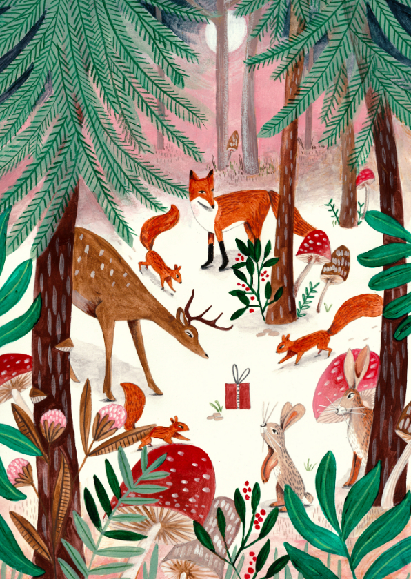 Kerstkaart illustratie woodland wonders bos dieren - Kerstkaarten Kerstkaarten - Kerstkaart illustratie woodland wonders bos dieren