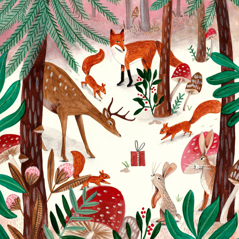 Kerstkaart illustratie woodland wonders dieren in bos - Kerstkaarten Kerstkaarten - Kerstkaart illustratie woodland wonders dieren in bos