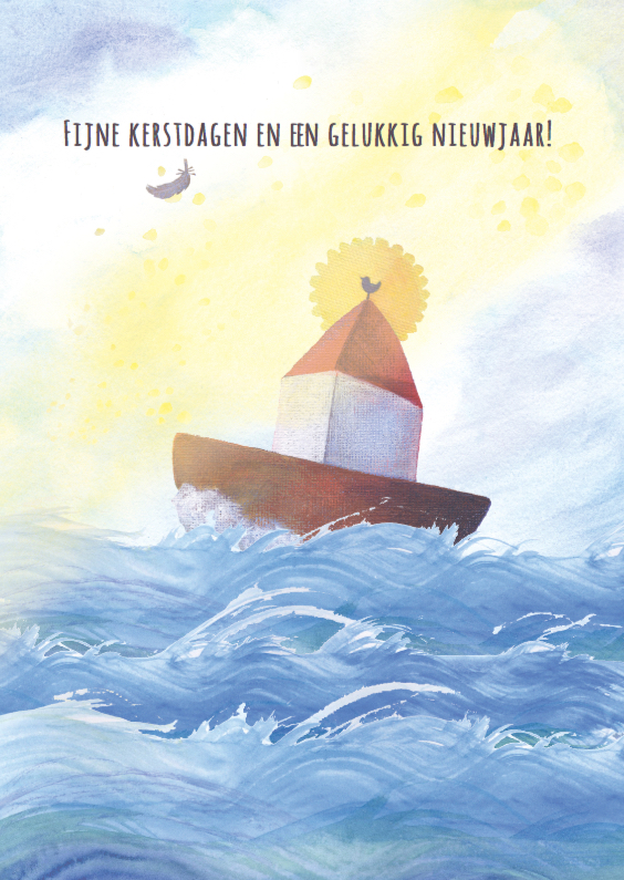 Kerstkaart illustratie zee boot - Kerstkaarten Kerstkaarten - Kerstkaart illustratie zee boot