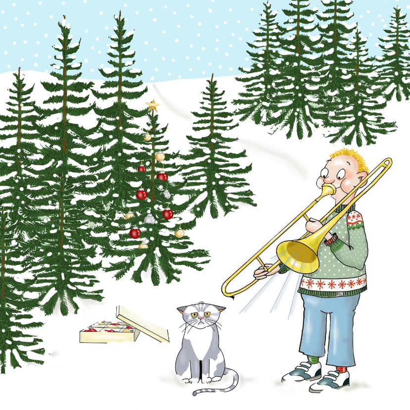 Kerstkaarten - Kerstkaart jongen met trombone en kat