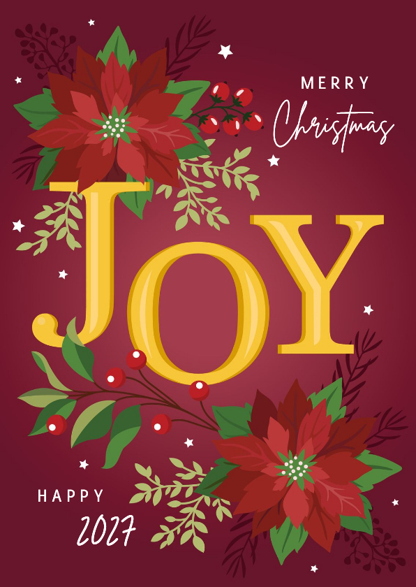 Kerstkaart 'joy' bloemen en planten in klassieke kleuren - Kerstkaarten Kerstkaarten - Kerstkaart 'joy' bloemen en planten in klassieke kleuren