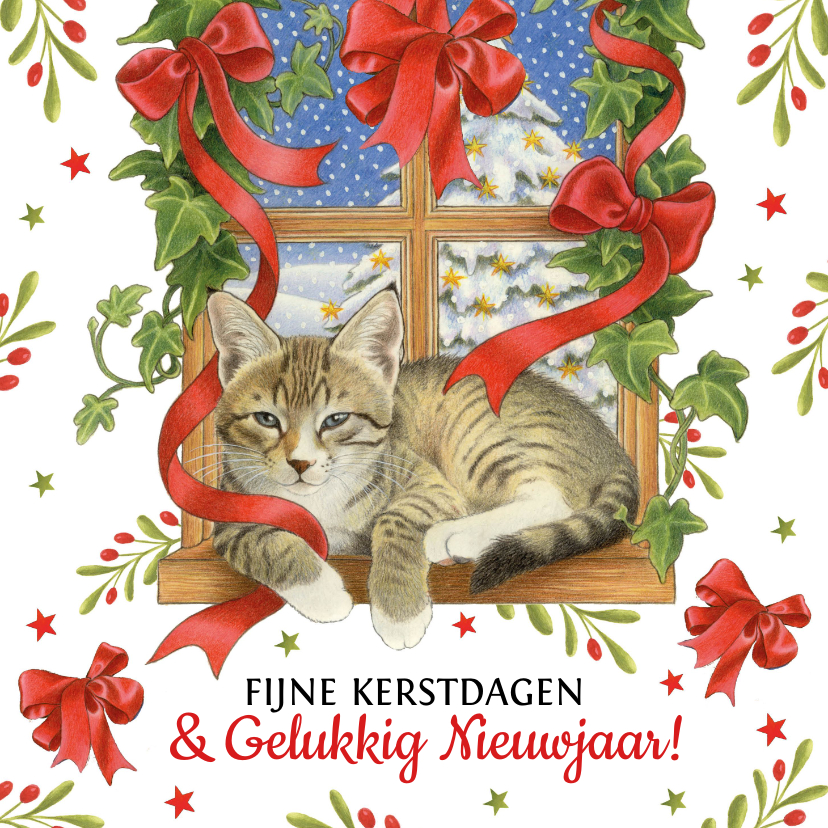 Kerstkaarten - Kerstkaart kat in vensterbank 