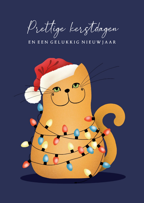 Kerstkaart - kat in wirwar van kerstlampjes - Kerstkaarten Kerstkaarten - Kerstkaart - kat in wirwar van kerstlampjes