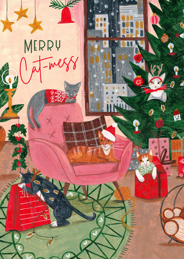 Kerstkaarten - Kerstkaart kat kerstboom interieur illustratie