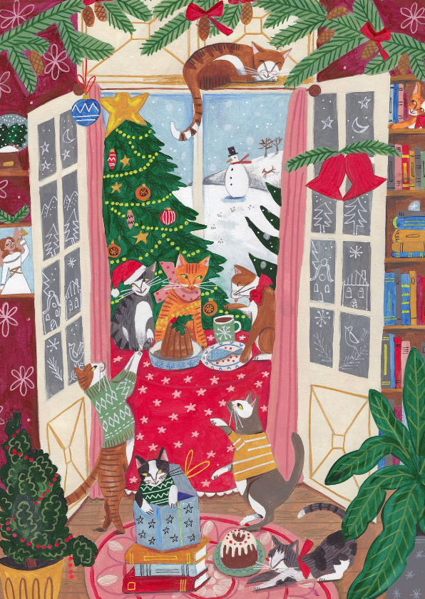 Kerstkaarten -  Kerstkaart katten gezellig in de woonkamer bij de kerstboom