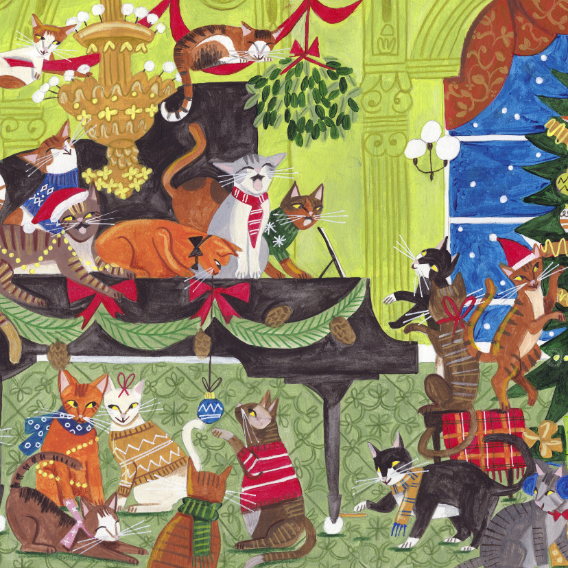 Kerstkaarten - Kerstkaart katten piano muziek kerst illustratie