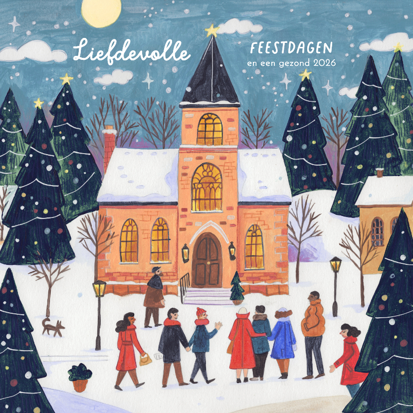 Kerstkaarten - Kerstkaart kerkje en kerstbomen in de sneeuw