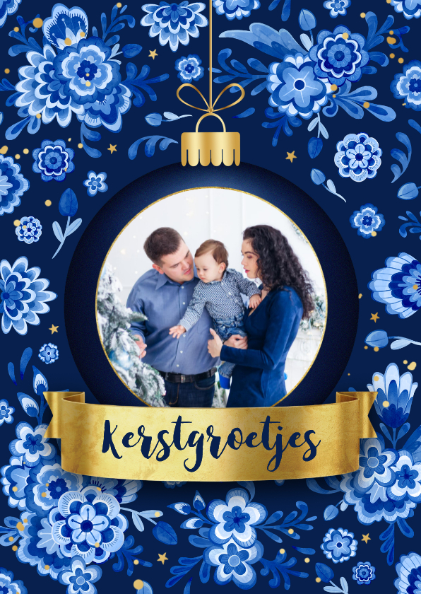 Kerstkaart kerstbal delfts blauwe bloemen kerstgroetjes - Kerstkaarten Kerstkaarten - Kerstkaart kerstbal delfts blauwe bloemen kerstgroetjes