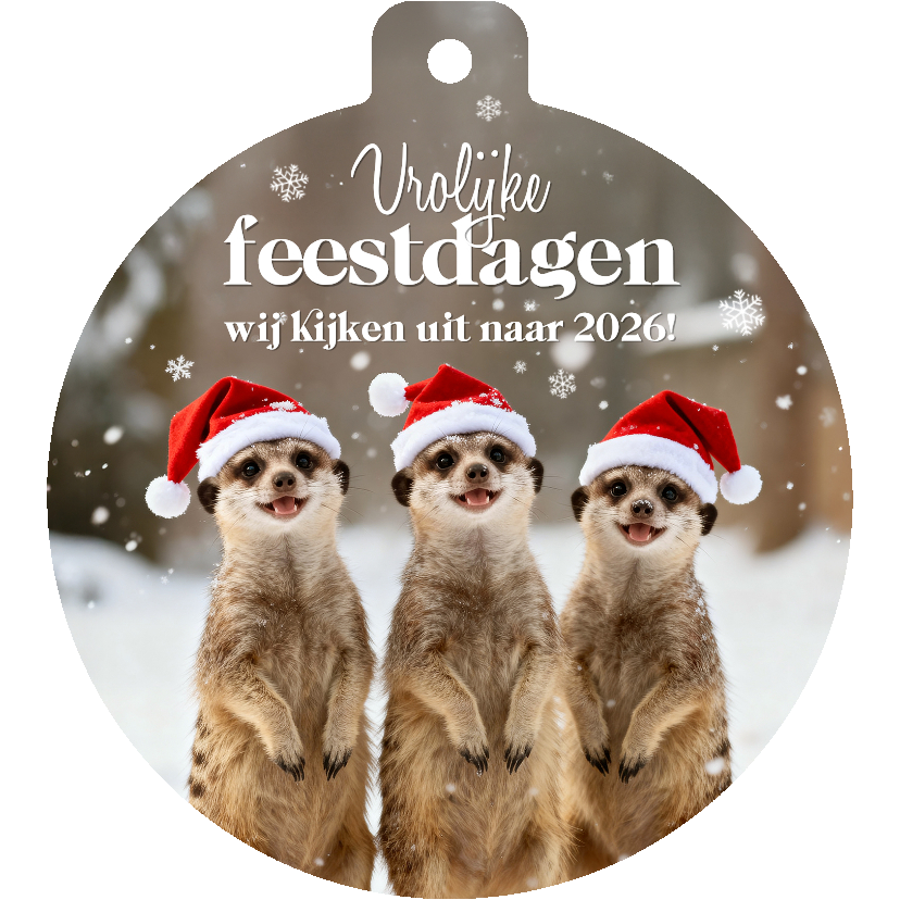 Kerstkaart kerstbal dieren stokstaartjes grappig vrolijk - Kerstkaarten Kerstkaarten - Kerstkaart kerstbal dieren stokstaartjes grappig vrolijk