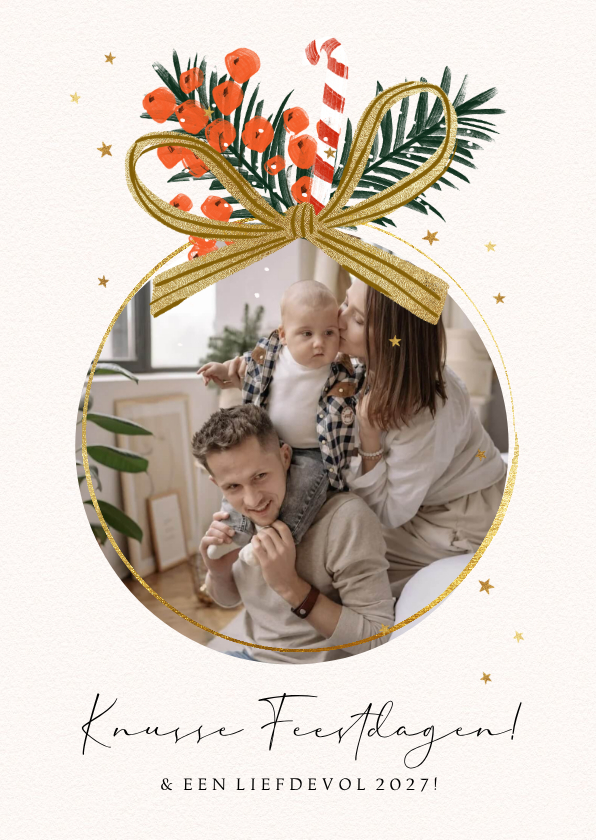 Kerstkaart kerstbal foto illustratie kerstornament goud - Kerstkaarten Kerstkaarten - Kerstkaart kerstbal foto illustratie kerstornament goud