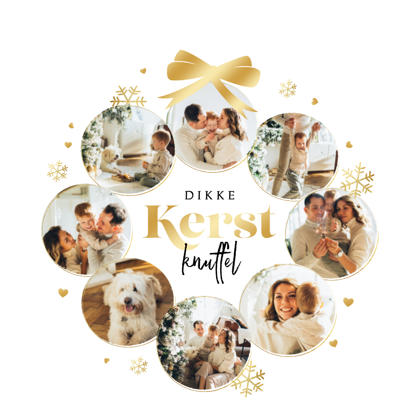 Kerstkaart kerstbal fotocollage hartjes sneeuw goud - Kerstkaarten Kerstkaarten - Kerstkaart kerstbal fotocollage hartjes sneeuw goud