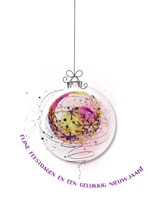 Kerstkaart Kerstbal Geel Paars - Kerstkaarten Kerstkaarten - Kerstkaart Kerstbal Geel Paars