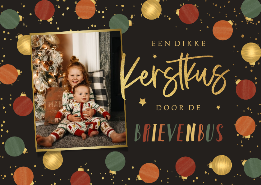 Kerstkaart kerstballen goud groen rood foto kerstkus - Kerstkaarten Kerstkaarten - Kerstkaart kerstballen goud groen rood foto kerstkus
