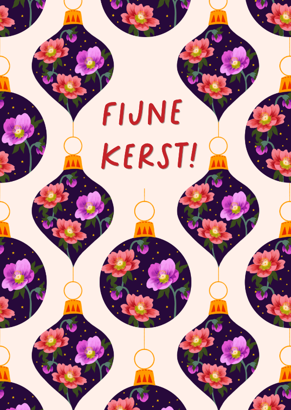 Kerstkaarten - Kerstkaart kerstballen met bloemen