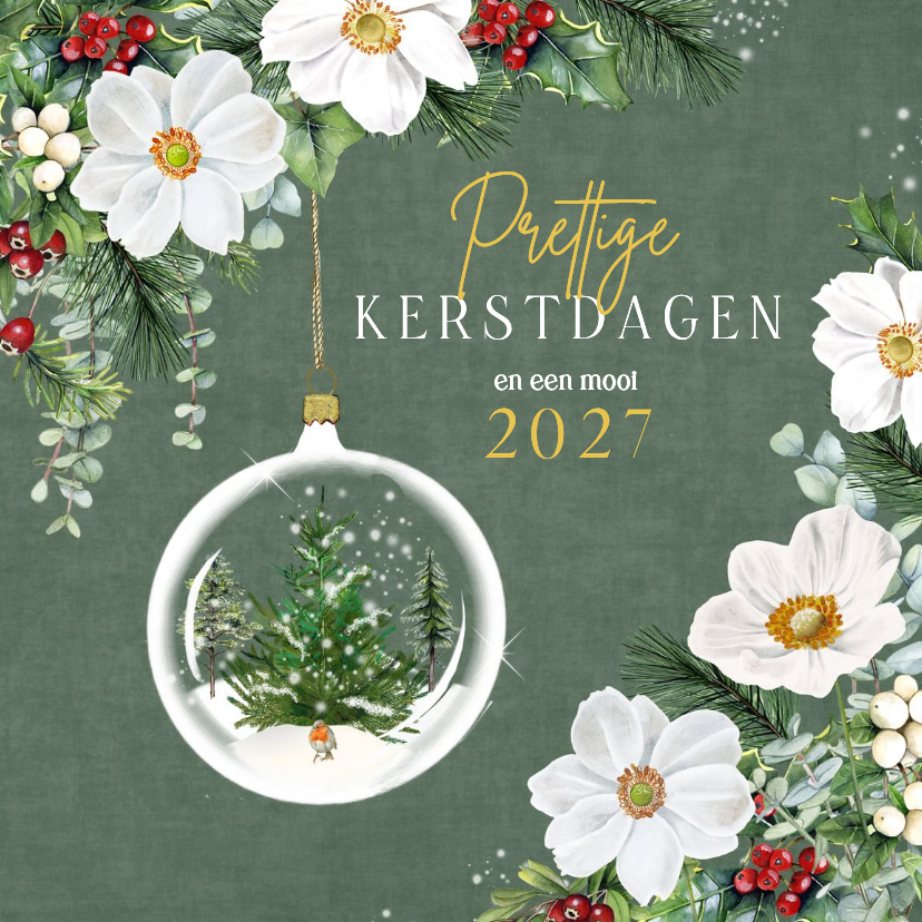Kerstkaarten - Kerstkaart kerstbloemen kerstbal op fluweelachtige kleur