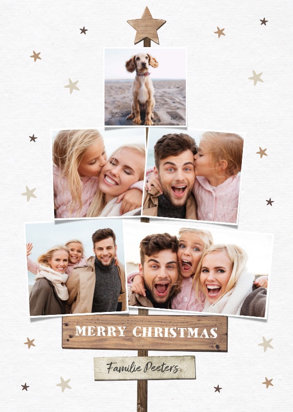 kerstkaart kerstboom fotocollage houtlook sterren - Kerstkaarten Kerstkaarten - kerstkaart kerstboom fotocollage houtlook sterren