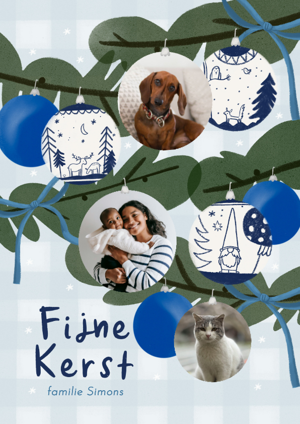 Kerstkaarten - Kerstkaart kerstboom fotocollage kerstballen strikken